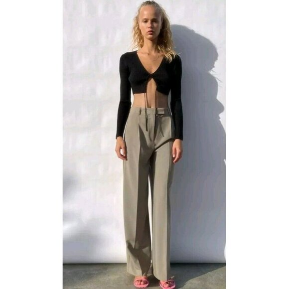 Zara wide leg pants Whit Darts High Waist Xsmall Khaki Waist 13"  8372 124 - Picture 1 of 7